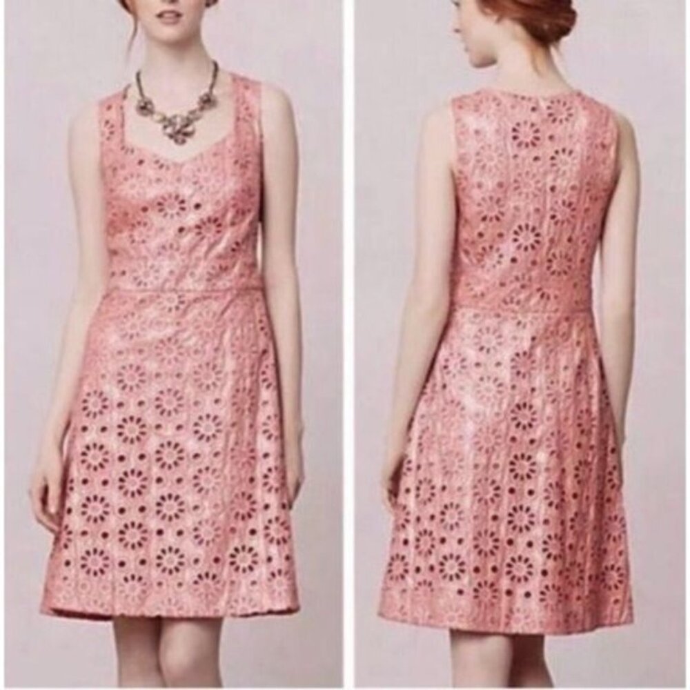 Anthropologie Maeve Coral Flower Eyelet Sleeveless Shimmer Dress Size 0 Coralshi